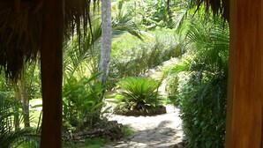 A stone pathway leading through a lush garden with tropical plants and a thatched-roof structure.