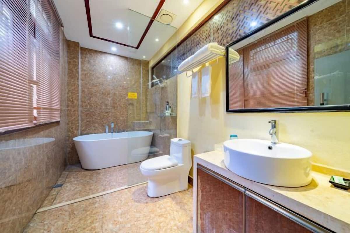 A modern bathroom with a freestanding bathtub, a toilet, and a vanity with a sink.