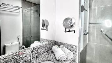 Hair dryer, towels, shampoo