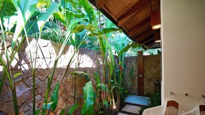 Pared de piedra, plantas tropicales y techo de madera en un ambiente interior tranquilo.