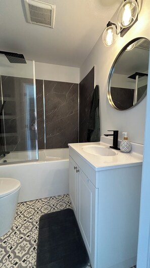 Hair dryer, towels, soap, toilet paper