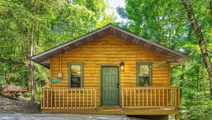 A wooden cabin with a green door, two windows, and a porch with railings.