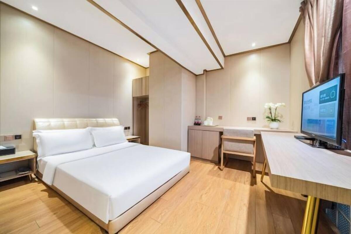 Une chambre d’hôtel équipée d’un lit, d’un bureau, d’une télévision et d’une plante.