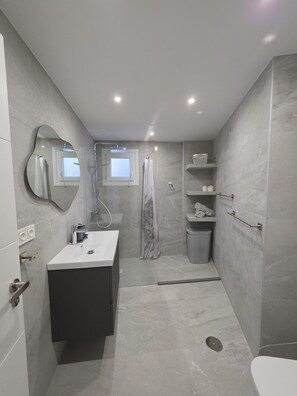 A modern bathroom with a sink, mirror, shower, and toilet.