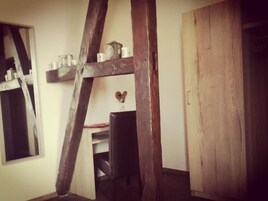 Individually decorated, desk, laptop workspace, iron/ironing board