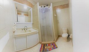 Regadera, toallas, jabón, papel de baño