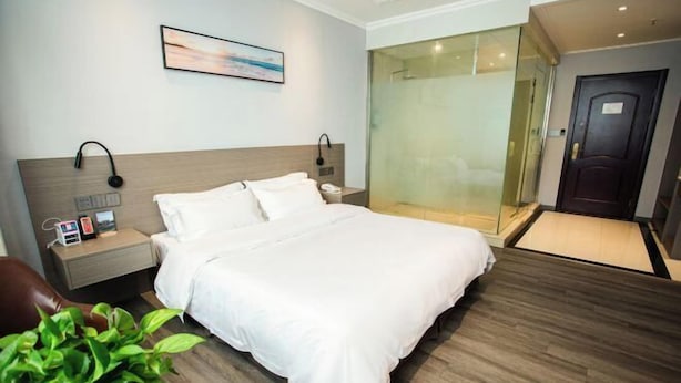 Quarto de hotel com cama, mesa de cabeceira, planta em vaso, box de vidro para o chuveiro e uma porta.