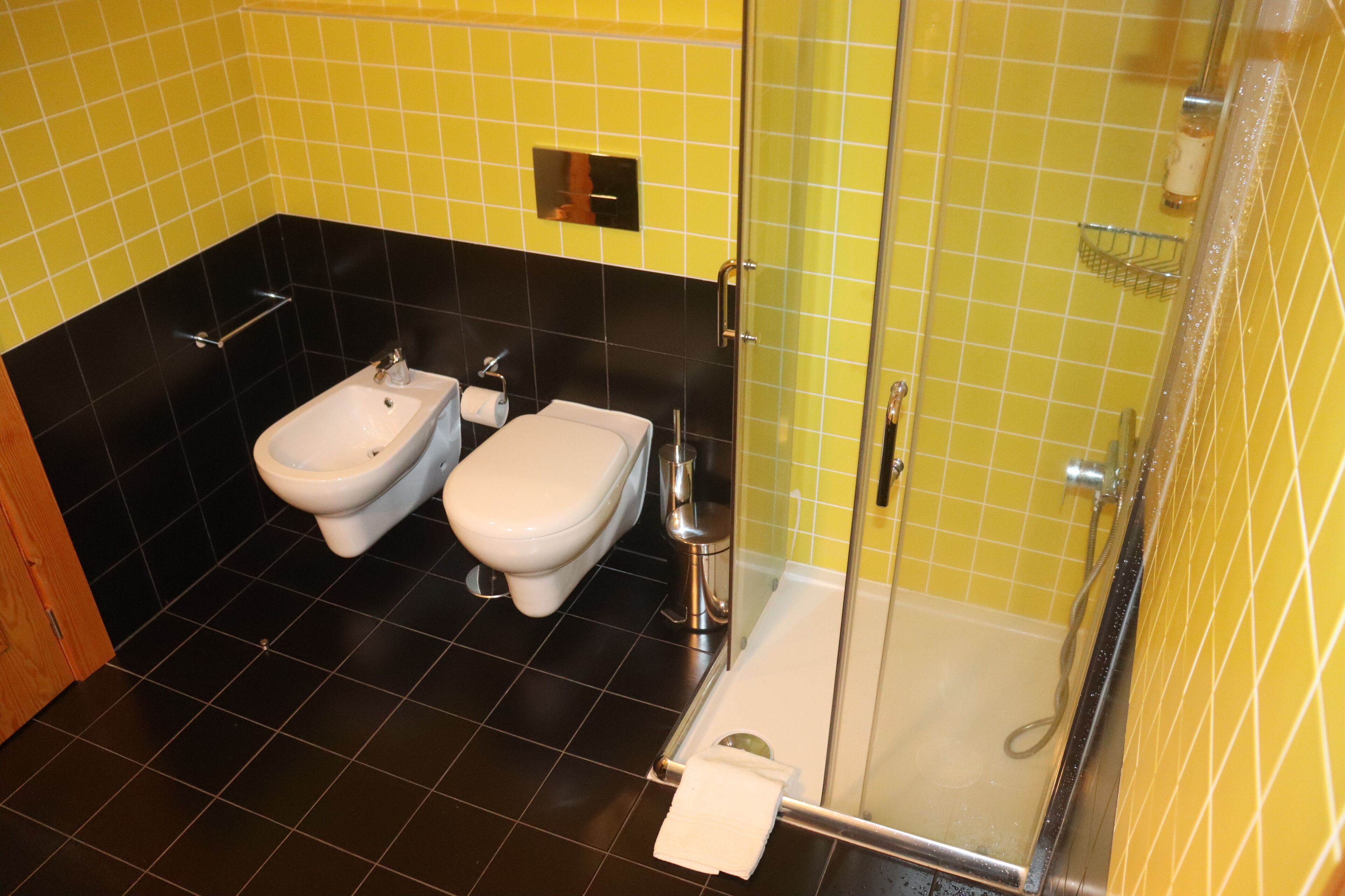 A bathroom with a bidet, toilet, and glass-enclosed shower.