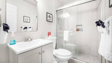 Shower, towels, soap, shampoo