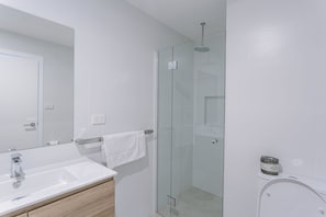 Secador de cabelo, toalhas de banho, sabonete, shampoo