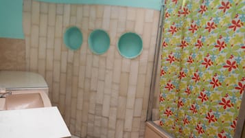Bañera con ducha, cabezal de ducha tipo lluvia, toallas, jabón