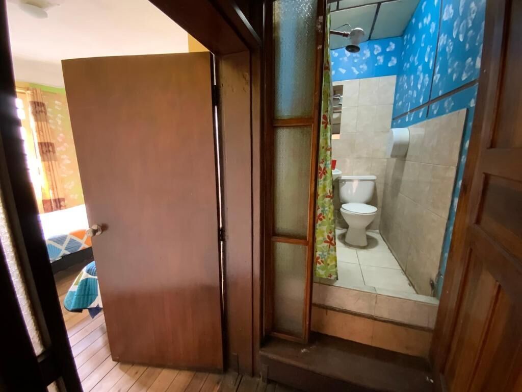 A bathroom with a toilet, shower, and a wooden door.