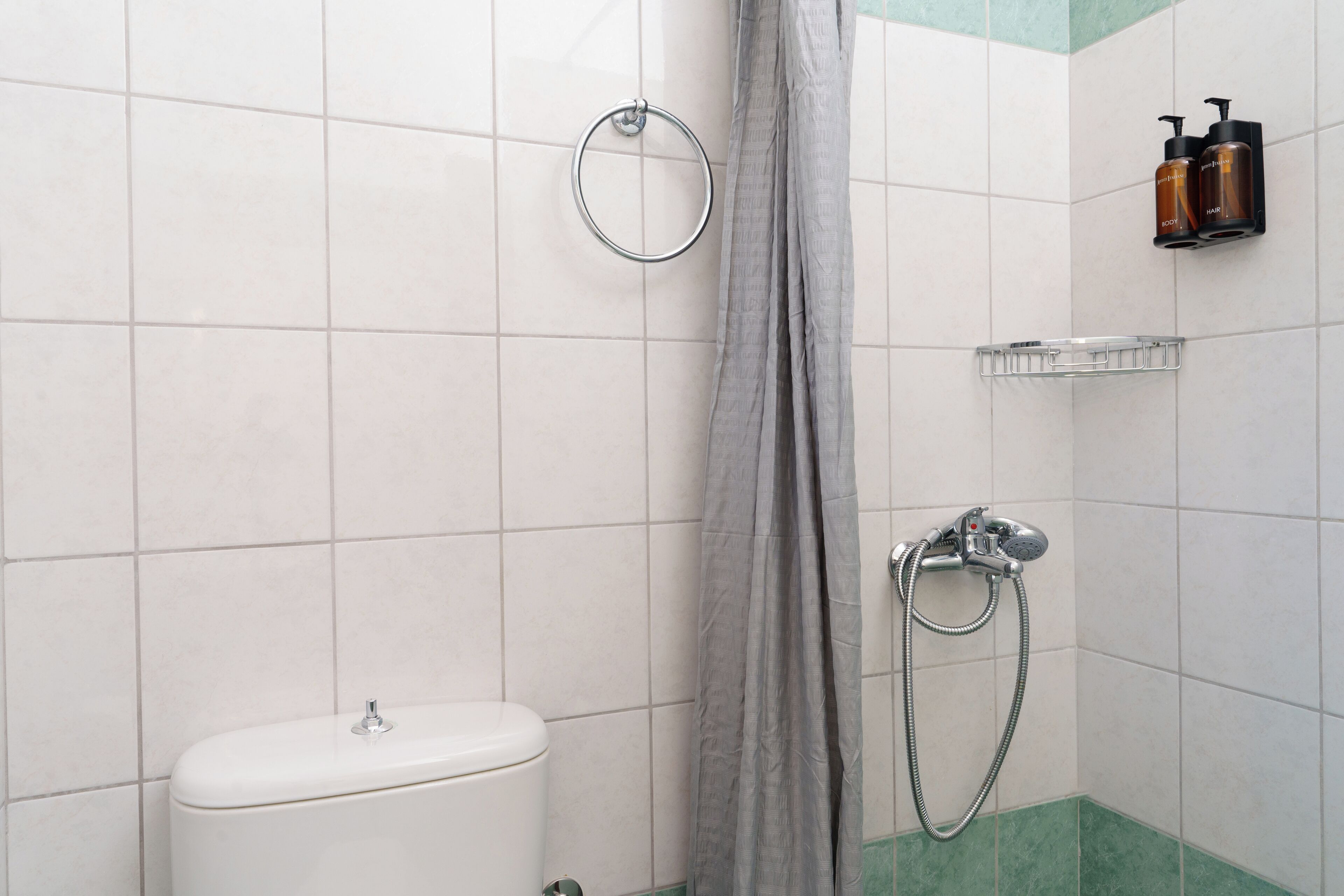 Een badkamer met toilet, douche en een handdoekhouder.
