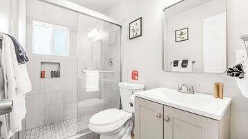 Shower, towels, soap, shampoo