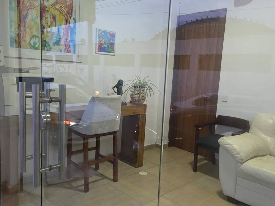 A modern interior with a glass partition, a dining area with a chair and table, a white sofa, and a potted plant.
