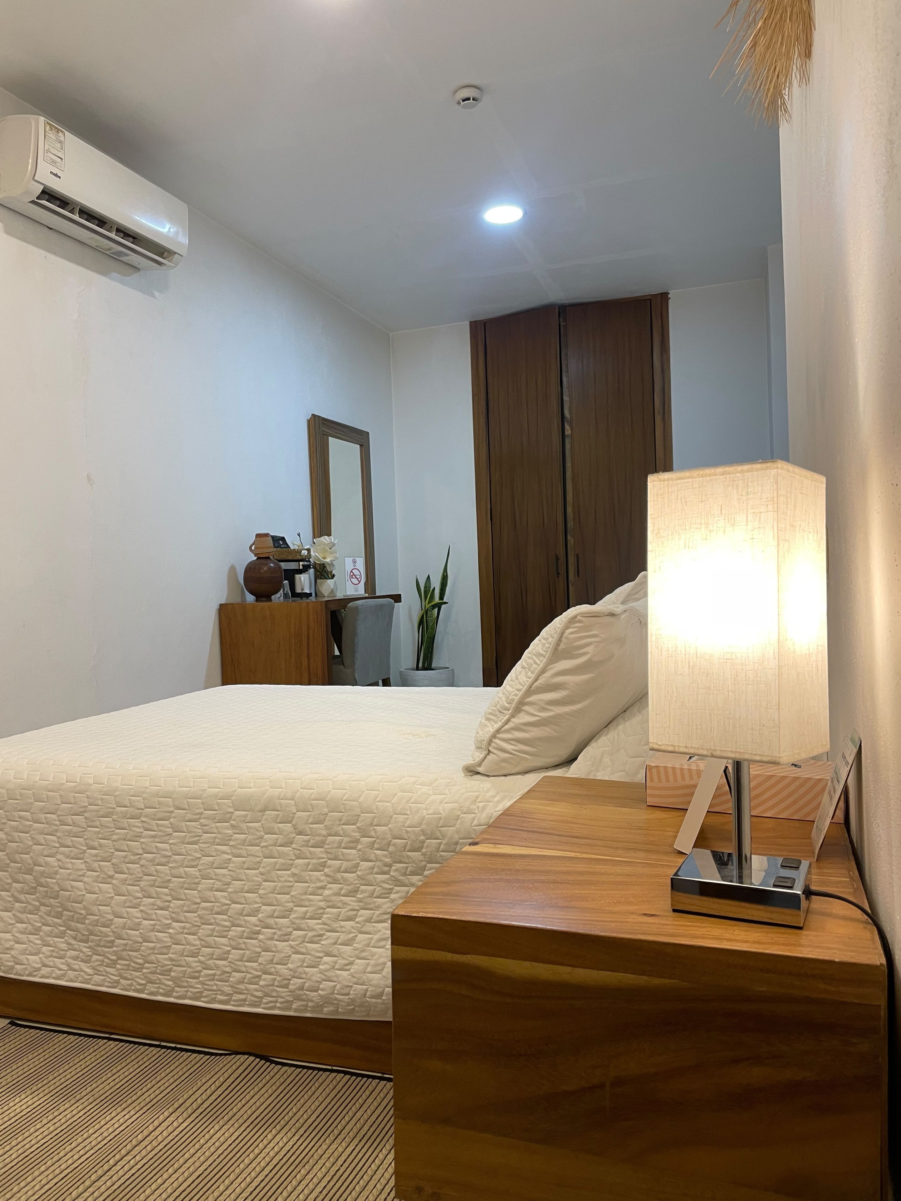 Habitación de hotel con cama, mesita de noche, lámpara, aire acondicionado, armario, espejo y una planta pequeña.