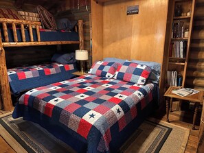 1 bedroom, bed sheets - CJs Ranch RV and Tent sites, with Log Cabin (Aguilar)