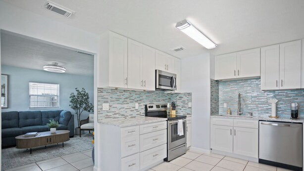 A modern kitchen with white cabinets, a stainless steel dishwasher, and a tiled backsplash. - Entire Home: 4 Blocks to Ocean-Jacksonville Beach (Jacksonville Beach)