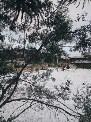 Paisagem nevada com um edifício ao fundo.