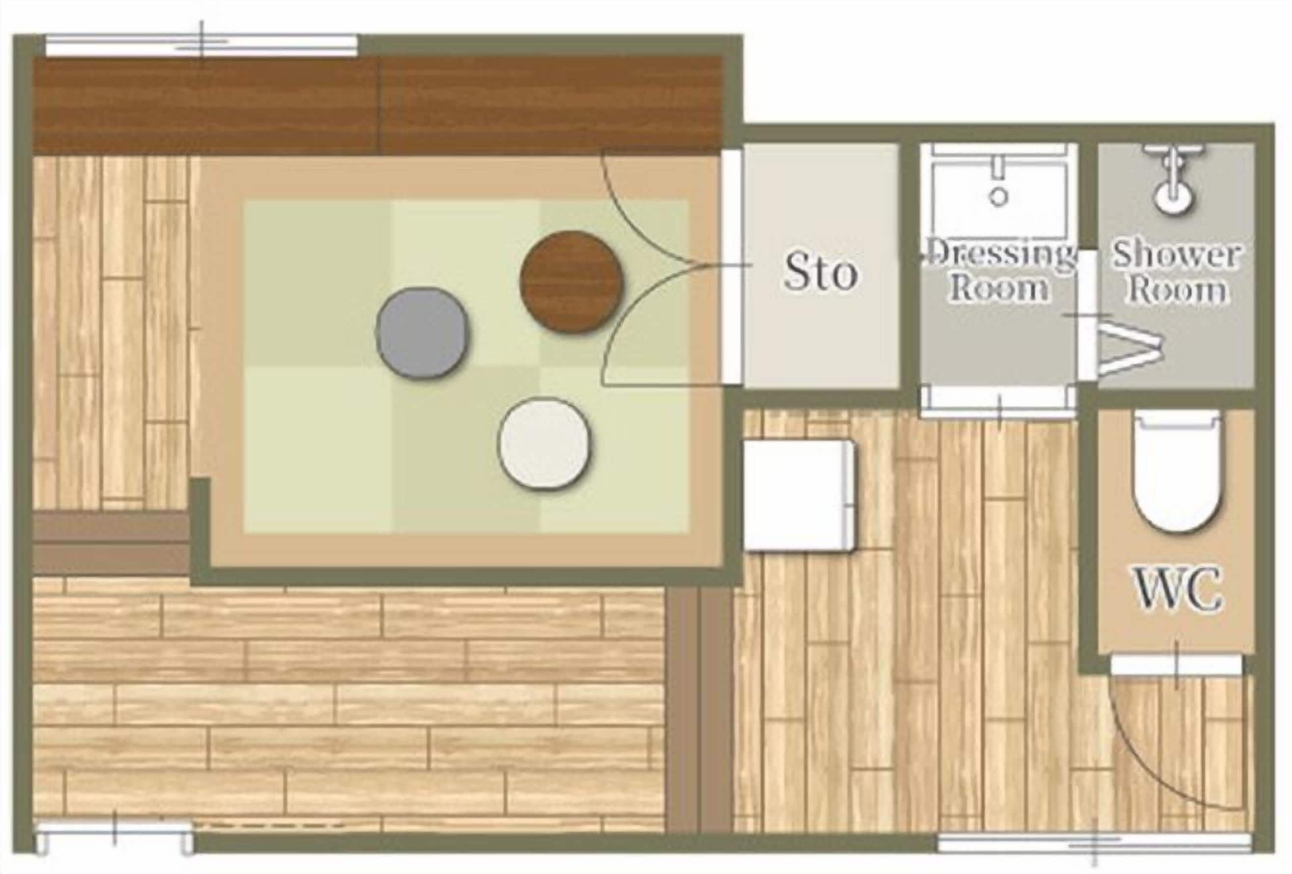 A hotel room layout with a living area, a dressing room, a shower room, and a WC.