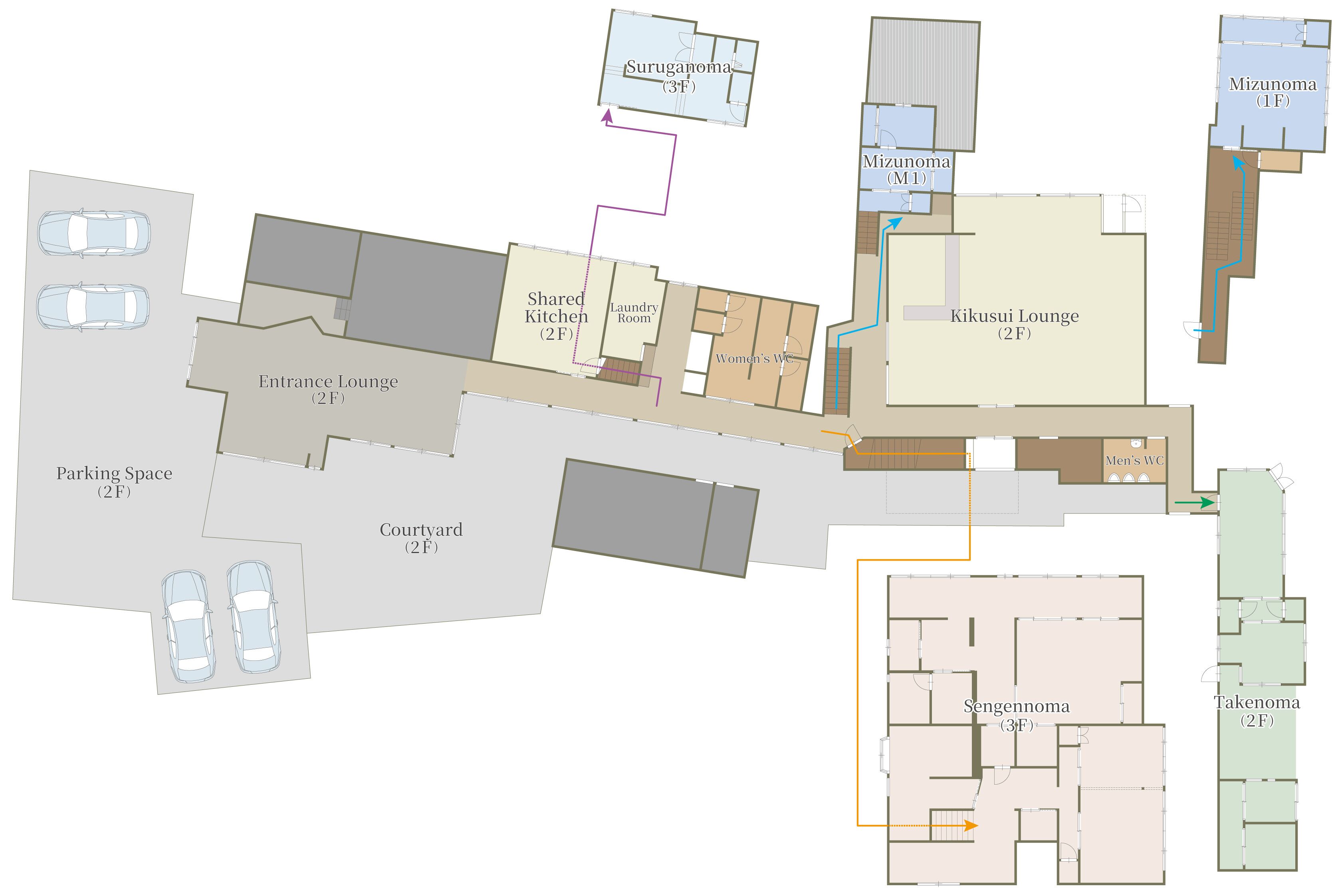 A hotel layout with multiple floors, including an entrance lounge, shared kitchen, parking space, and various rooms like Senganoma and Takenoma.