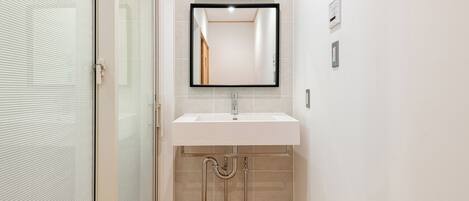 A modern bathroom with a glass shower enclosure, a white sink with a black-framed mirror, and a tiled backsplash.