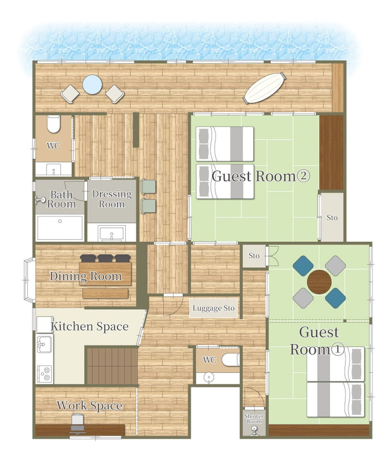 A hotel layout with a dining room, kitchen space, work space, bathroom, dressing room, guest room, and luggage storage.