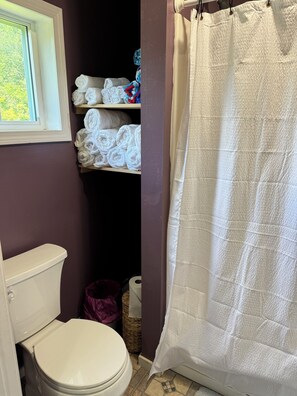 Ein Badezimmer mit Toilette, einem Regal mit zusammengerollten Handtüchern und einer Duschvorhang.