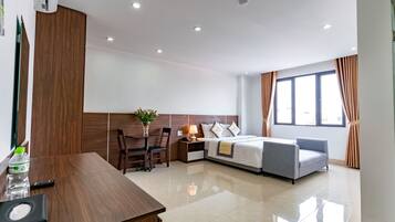 Minibar, desk, laptop workspace, blackout curtains