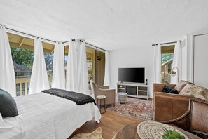 Un dormitorio con cama, televisión, sofá y una pequeña mesa.