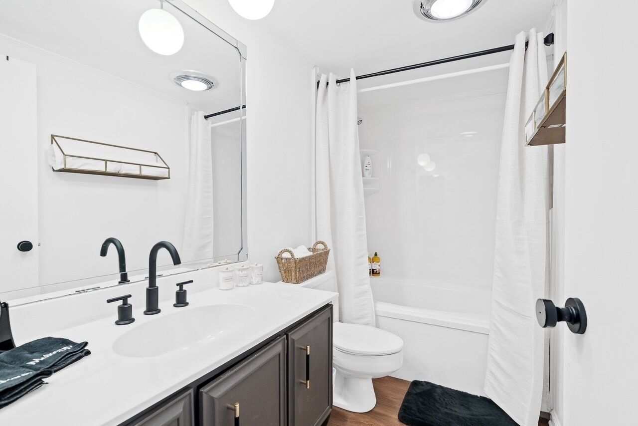 Hair dryer, towels, soap, shampoo