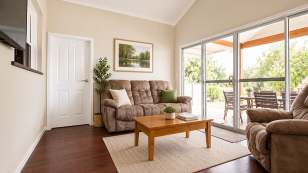 A living room with a brown sofa, a wooden coffee table, and a large sliding glass door leading to an outdoor area. - Driftwood Cottage (Busselton)