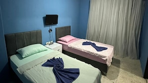 Una habitación con dos camas, un televisor de pantalla plana, una lámpara en el techo y una ventana con cortinas.