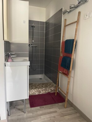 Secadora de cabello, toallas, jabón, papel de baño 
