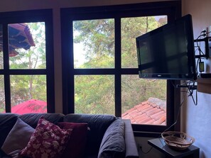 Family Cabin, Mountain View | Living area | 40-inch flat-screen TV with cable channels, fireplace