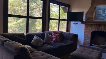 Family Cabin, Mountain View | Living area | 40-inch flat-screen TV with cable channels, fireplace