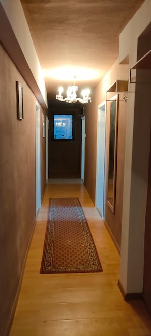 Un pasillo estrecho con suelo de madera, un tapete estampado, una araña y un espejo en la pared derecha.