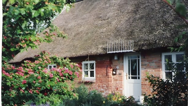 A thatched-roof cottage with a brick exterior, a white door, and a small window.