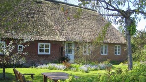 A thatched-roof house with a brick exterior, a front door, and a small garden with a bench.