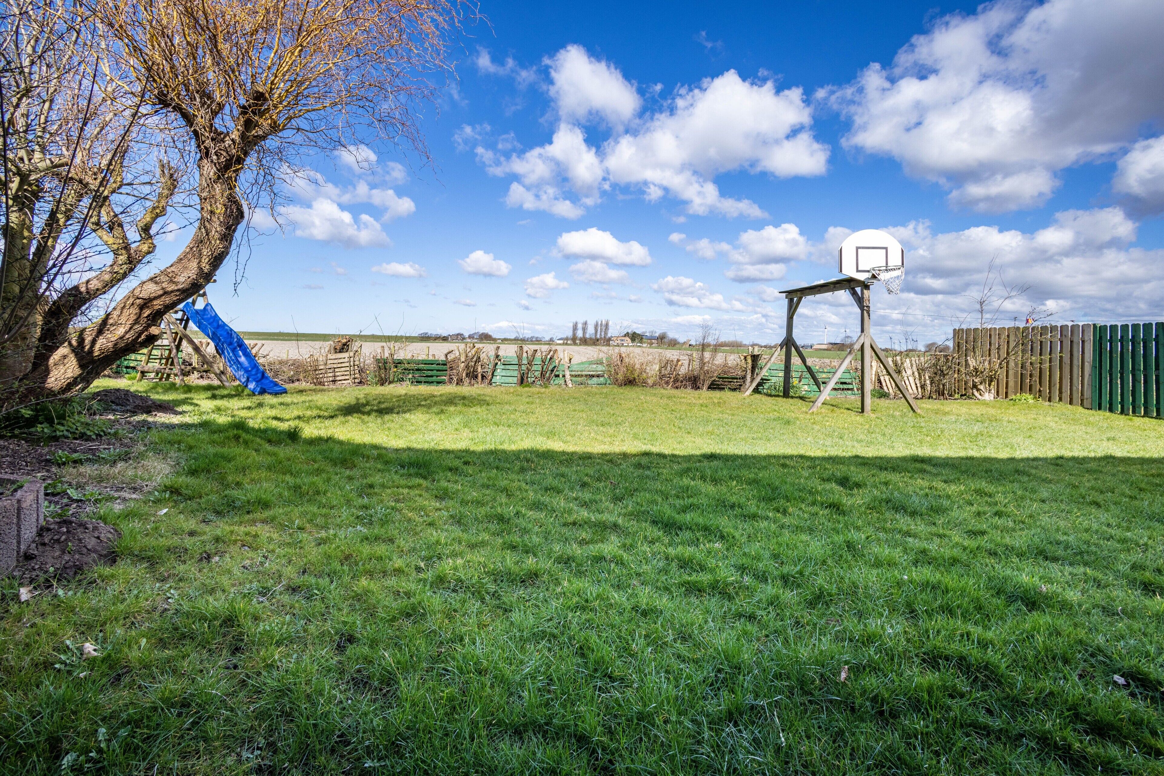 Ein grünes, offenes Gelände mit einem Basketballkorb und einer blauen Rutsche.