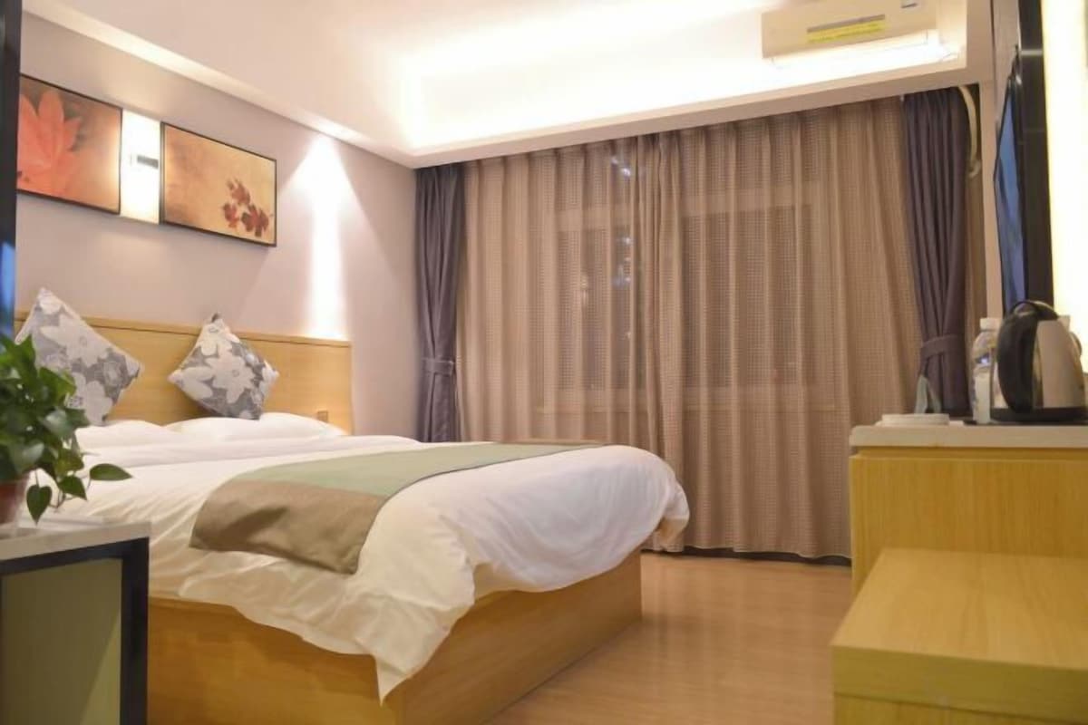 A hotel room with a bed, a bedside table, a plant, and a window with curtains.