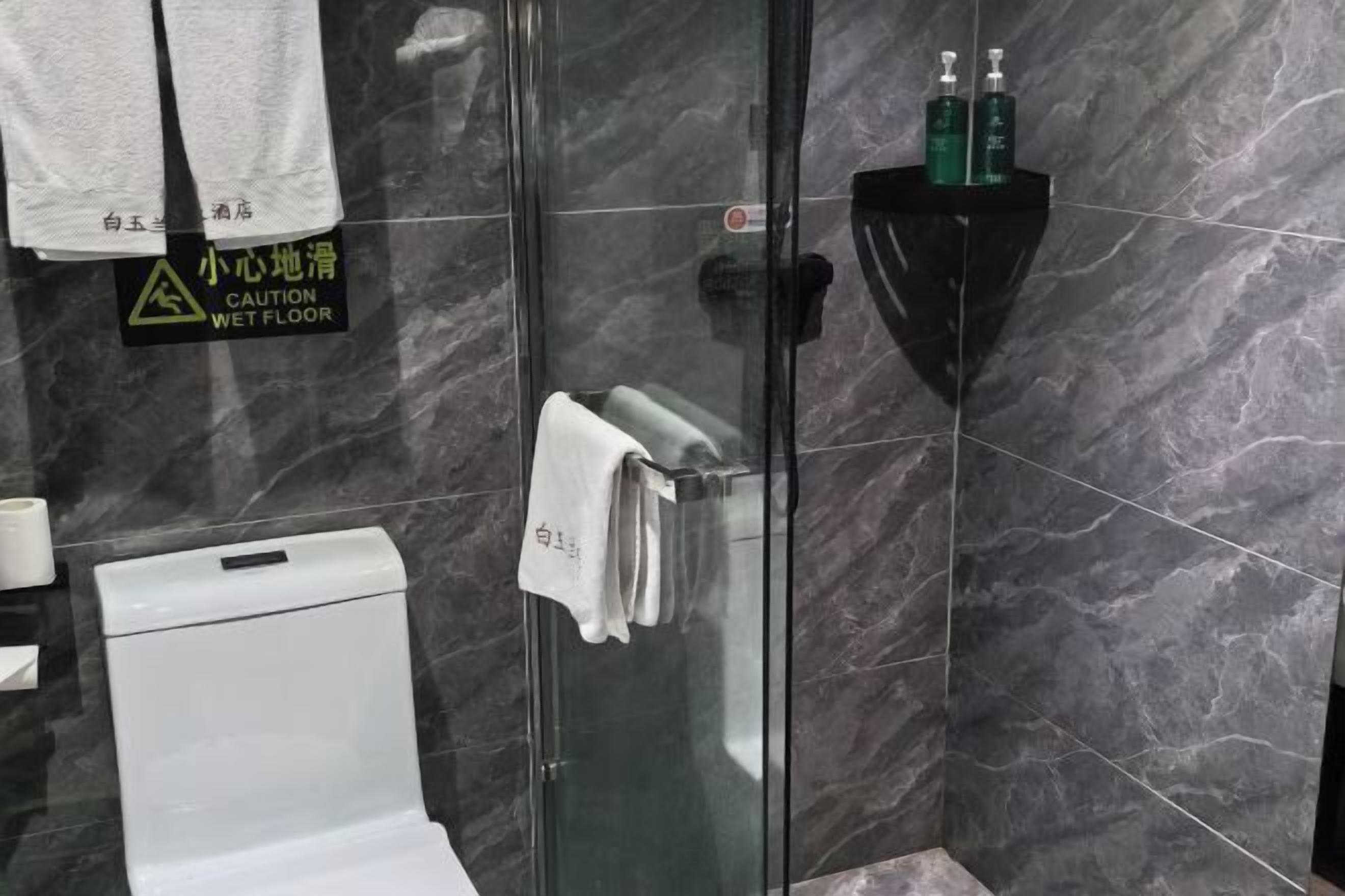 A bathroom with a glass shower enclosure, a white toilet, and a black shelf with toiletries.