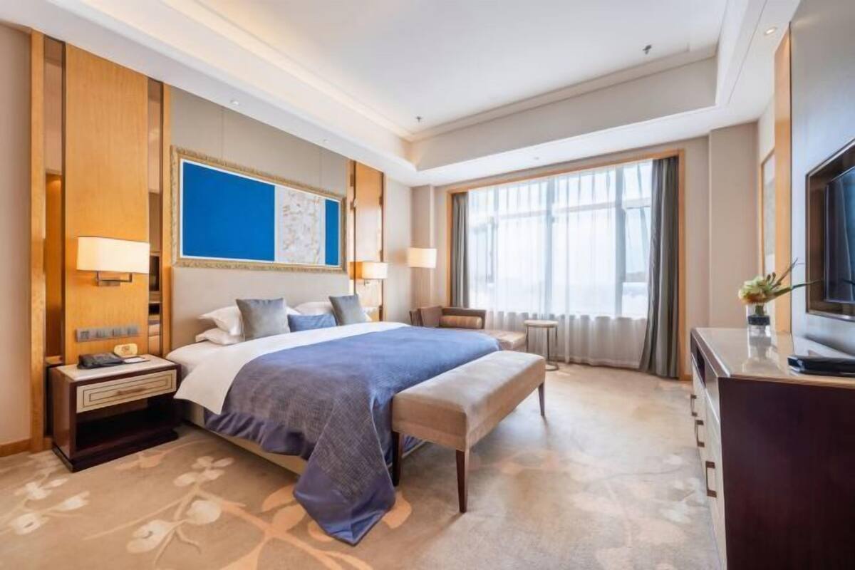 A hotel room with a large bed, a desk, a television, and a window with curtains.