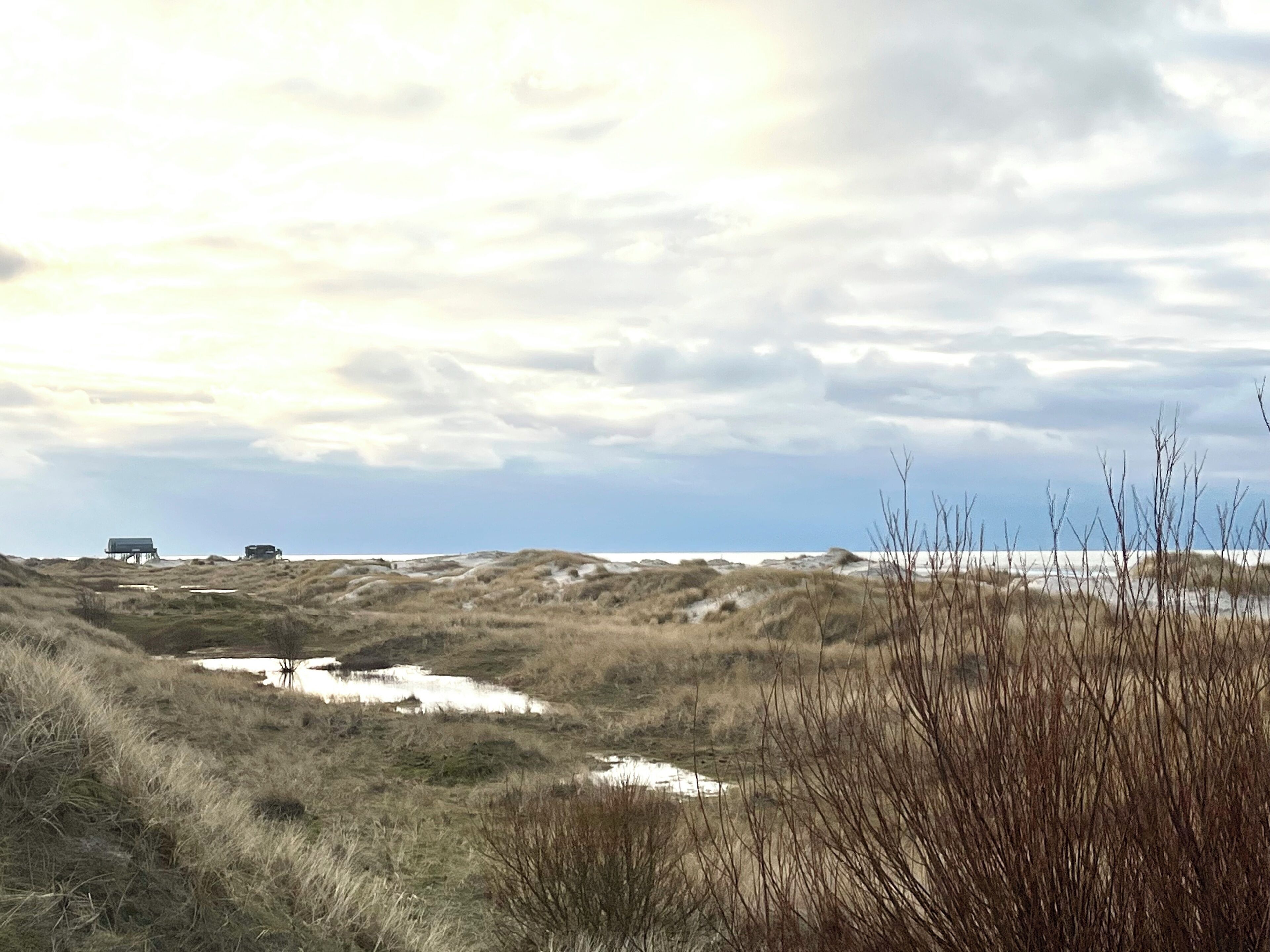 Paisaje costero con dunas, una pequeña masa de agua y una vista distante del mar bajo un cielo nublado.