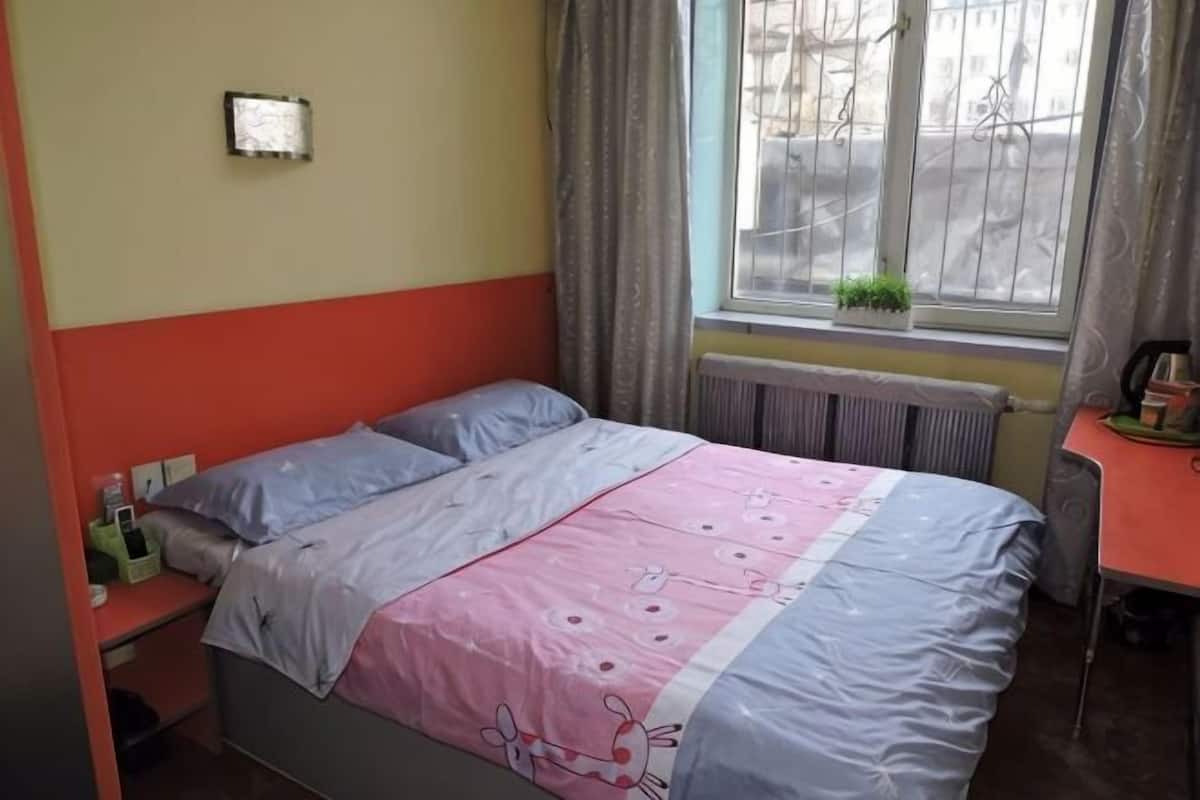 A single bed with a pink and blue bedspread, a nightstand with a lamp, and a window with curtains.