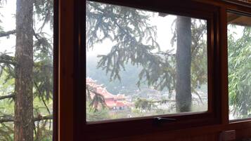 A window with a view of traditional architecture and trees.