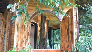 Una cabaña de madera con un porche, un gran árbol en el centro y vistas del bosque circundante.