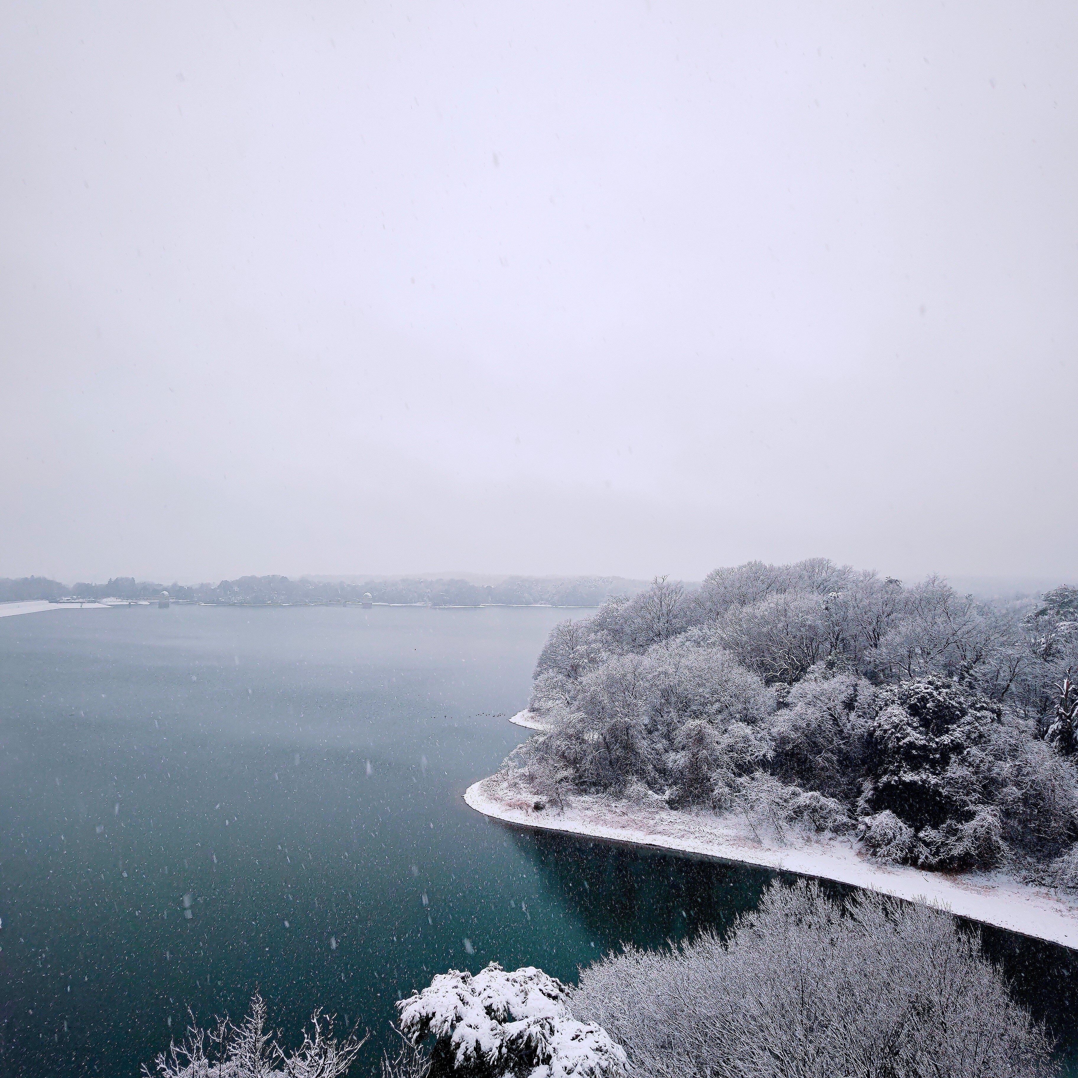 A snow-covered landscape with a frozen lake and trees.
