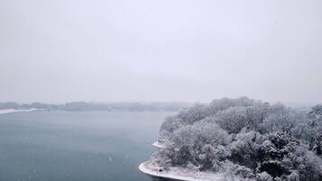 A snow-covered landscape with a frozen lake and trees.