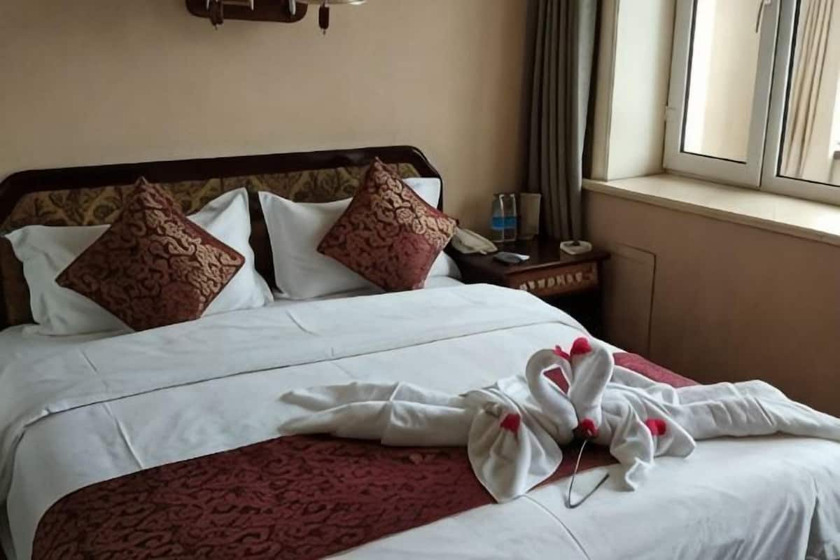 Une chambre d’hôtel avec un lit, des oreillers, une table de chevet, une fenêtre et des serviettes disposées.